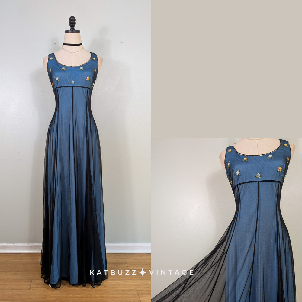 Vintage Papell Prom Dress Maxi Gown 8 Blue Black 90S Regency Goth Princess Fairy